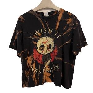 I Wish It Was Friday Jason T-Shirt Medium Bleach Tie Dye Cropped Halloween